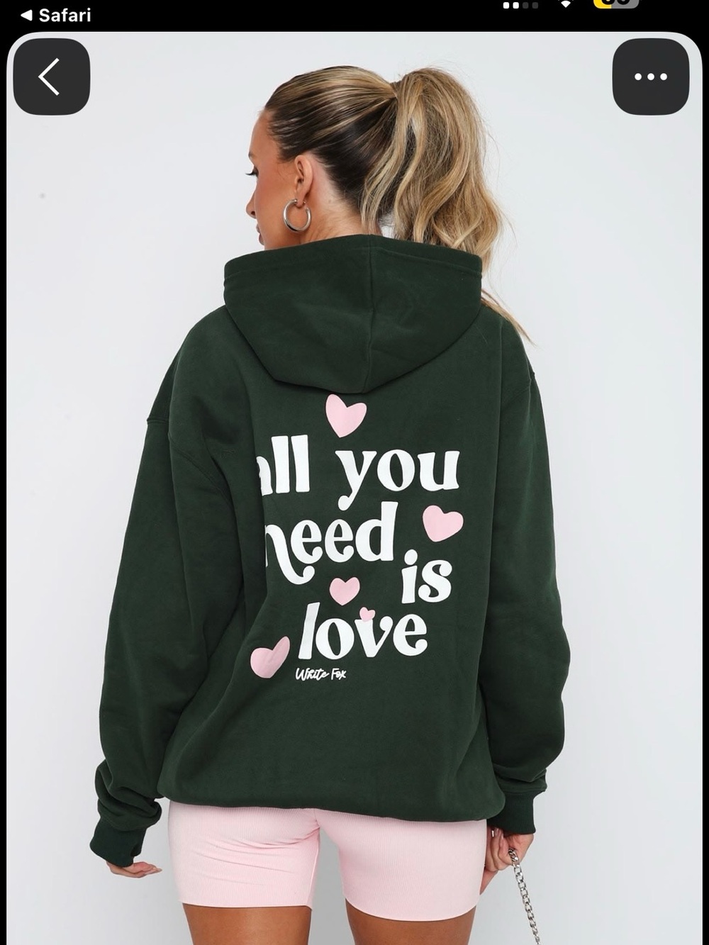 White Fox Boutique Dark Green Hoodie with Pink Heart Graphic